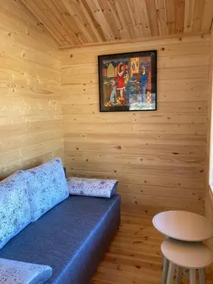 a room with a couch and a table in a cabin at Zarasaičio ežero sodyba in Magučiai
