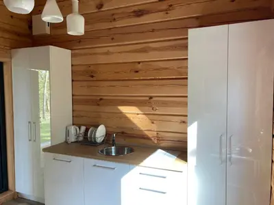 a kitchen with white cabinets and wooden walls at Zarasaičio ežero sodyba in Magučiai