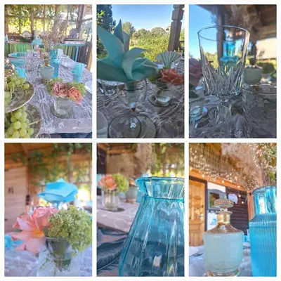 a collage of pictures of vases and flowers on a table at PO NENDRIŲ STOGU in Šiauliai