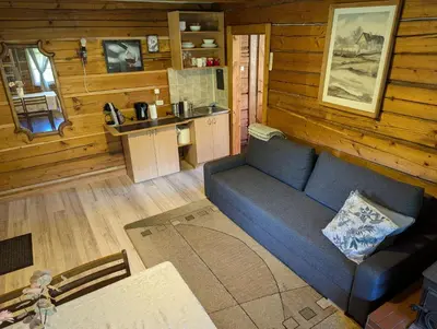 a living room with a blue couch in a cabin at Namelis prie ežero in Miežoniai