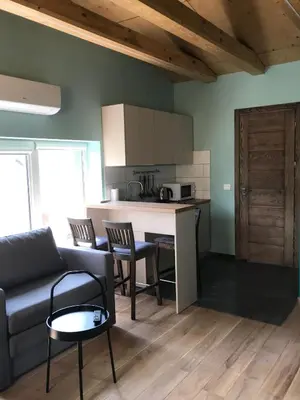 a living room with a couch and a table and a kitchen at Daukanto apartamentai in Anykščiai