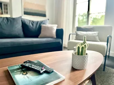a living room with a remote control and a cactus on a table at Vilnius Apartments & Suites - Town Hall in Vilnius