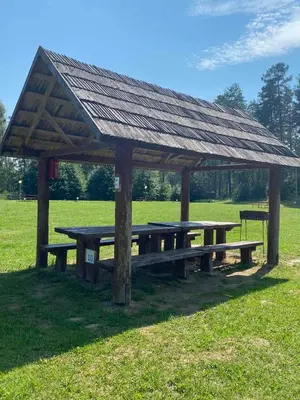 a picnic table in a field with a roof at Palūšės Kempingas (kambariai) in Palūšė