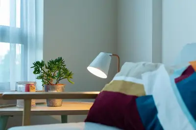 a table with a lamp and a potted plant on it at 39DO in Druskininkai