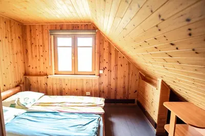 a bed in a wooden room with a window at Pas Kaziuką namas-sodyba in Ignalina