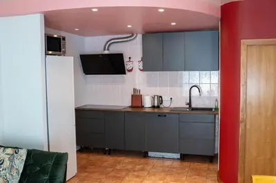 a kitchen with gray cabinets and a red wall at Apartamentai Šilas in Druskininkai