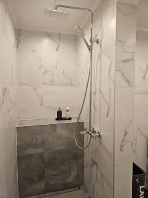 a shower with a glass door in a bathroom at Apartamentai Šilas in Druskininkai