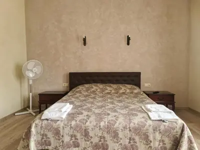 a bedroom with a bed with two night stands and a fan at Meldynas in Vabalninkas