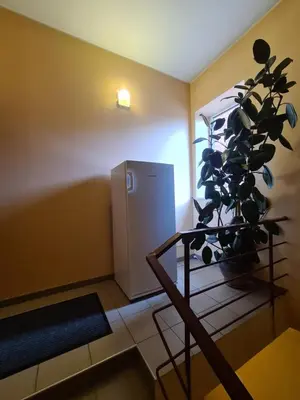 a small refrigerator in a room with a plant at Meldynas in Vabalninkas