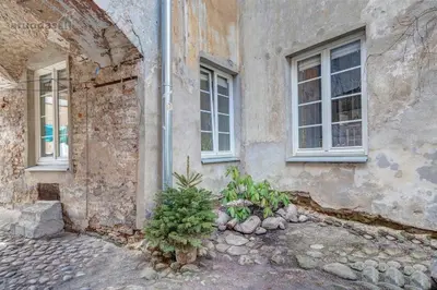 a building with two windows and a tree in front of it at Old Town Saviciaus street Apartment in Vilnius