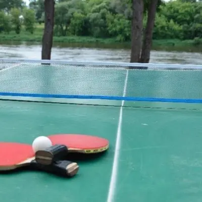 a skateboard laying on a ping pong table at Pirtis Prie Neries Jonava in Jonava