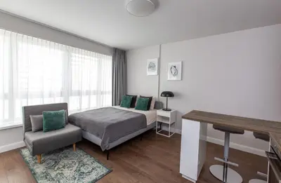a bedroom with a bed and a chair and a desk at Studio Ligita near Egle in Druskininkai
