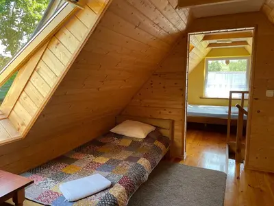 a bedroom with a bed in a wooden cabin at Gintaro sodyba in Lazdijai
