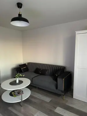 a living room with a couch and two tables at Nemuno apartamentai in Panevėžys