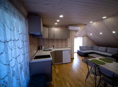 a kitchen and living room with a couch and a table at Kėdainiai Old town apartment in Kėdainiai