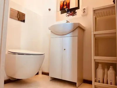 a bathroom with a white toilet and a sink at Comfortable Townhouse in Vilnius