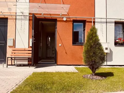 a small pine tree in front of a building at Comfortable Townhouse in Vilnius