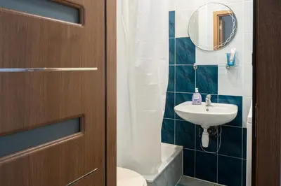 a bathroom with a sink and a toilet and a mirror at G & M Apartamentai in Anykščiai