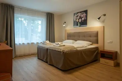 a bedroom with a large bed with towels on it at Senasis Nemunas in Druskininkai