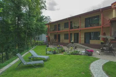 a building with a yard with two chairs and a dog at Senasis Nemunas in Druskininkai