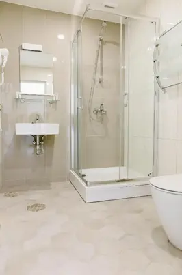a bathroom with a shower and a sink and a toilet at Green Town in Vievis