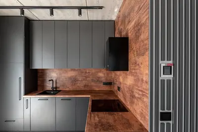a kitchen with white cabinets and a wooden wall at Urban center apartment in Vilnius