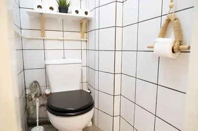 a bathroom with a white toilet with a black seat at Visaginas Flat White in Visaginas
