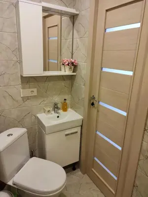 a bathroom with a toilet and a sink and a mirror at Upės apartamentai in Biržai