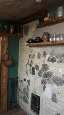 a stone fireplace in a room with a green wall at HelloVilniusHostel in Vilnius