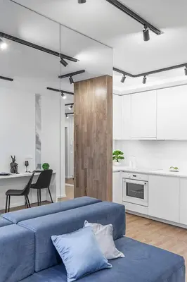 a living room with a blue couch and a kitchen at Brand new apartment in Vilnius in Vilnius