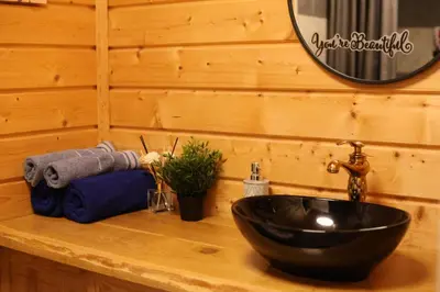 a bathroom with a black sink and a mirror at Poilsio namas Vydautiškių slėnis in Sudervė