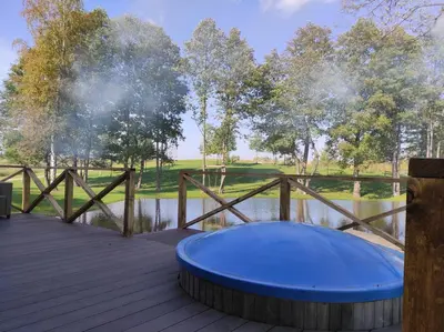 a round blue trampoline on a deck next to a pond at Poilsio namas Vydautiškių slėnis in Sudervė