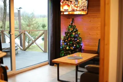 a christmas tree in a living room with a table at Poilsio namas Vydautiškių slėnis in Sudervė