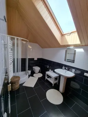 a bathroom with two sinks and a shower and a toilet at Villa MAG in Druskininkai