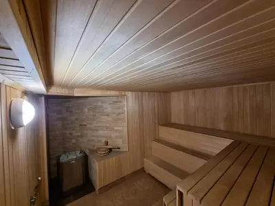 a sauna with wooden paneling and a brick wall at Villa MAG in Druskininkai