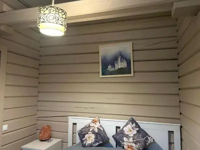 a room with a wall with a chair and a chandelier at Lazariškio apartamentai in Martyniškėnai