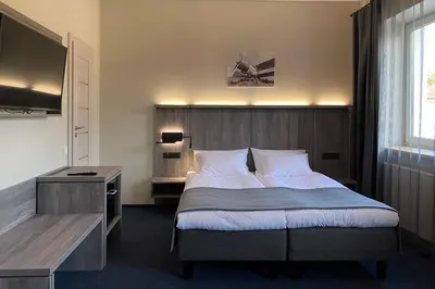 a hotel room with a bed and a television at Brut Wine Hotel in Zarasai