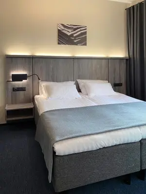 a bedroom with a large bed with a wooden headboard at Brut Wine Hotel in Zarasai