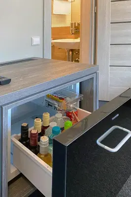 an open refrigerator in a kitchen with a counter at Brut Wine Hotel in Zarasai