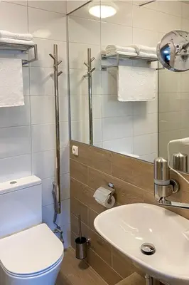 a bathroom with a white toilet and a sink at Brut Wine Hotel in Zarasai