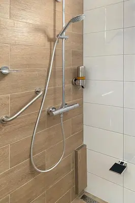 a shower with a hose in a bathroom at Brut Wine Hotel in Zarasai