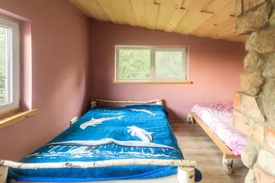 a bedroom with a bed in a small room at Super Sodyba in Pamusiai