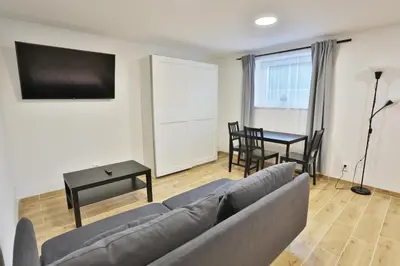 a living room with a couch and a table at River Park apartments Ukmerge in Ukmergė