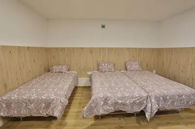 two beds in a room with wooden walls at River Park apartments Ukmerge in Ukmergė