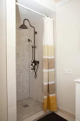 a shower with a shower curtain in a bathroom at Domingo vila in Krosna