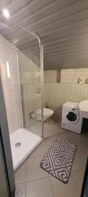 a bathroom with a shower and a toilet and a sink at Jaukus butas Vilniuje Žvėryno rajone in Vilnius