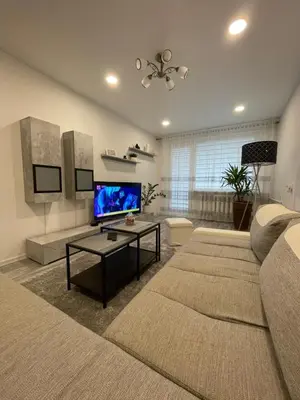 a living room with a couch and a tv at Ateities 3044 Self CHECK In in Panevėžys