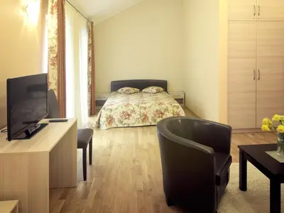 a bedroom with a bed and a desk with a television at Kamanos in Utena