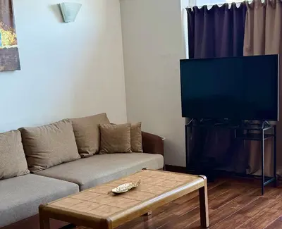 a living room with a couch and a table and a tv at CENTRO House in Alytus