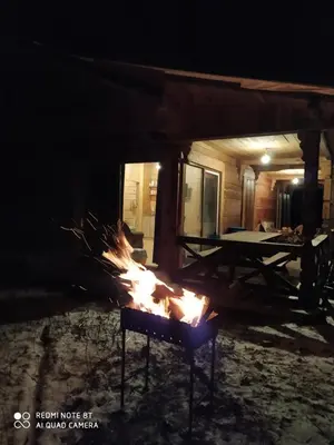a fire in front of a house at night at Piglet house in Alytus